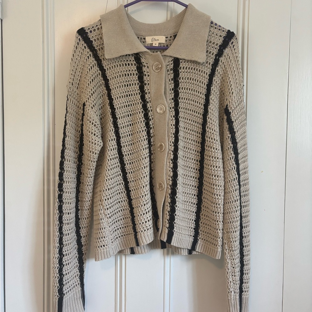 Elan Beige Open-Knit Button-Front Cardigan with Black Stripes